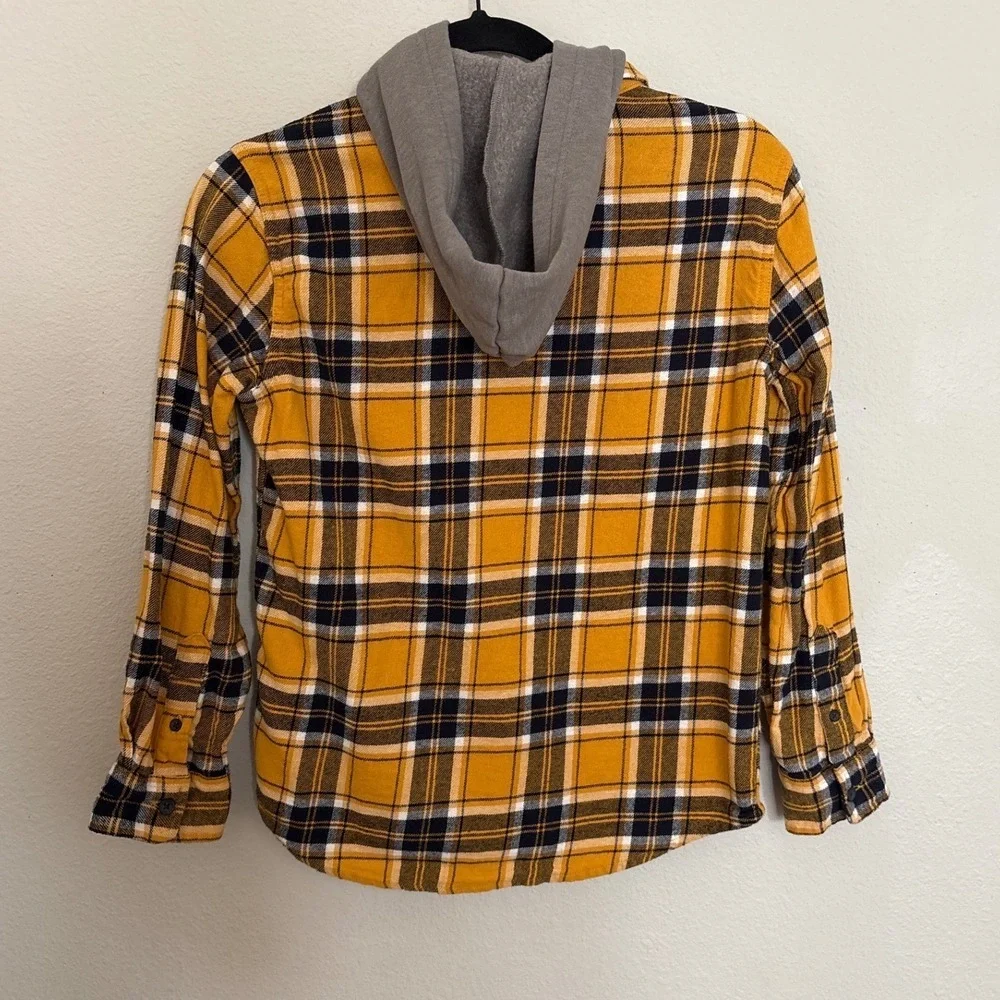 Old Navy Boys Plaid Flannel Hooded Shirt Yellow Black White Size L 10-12